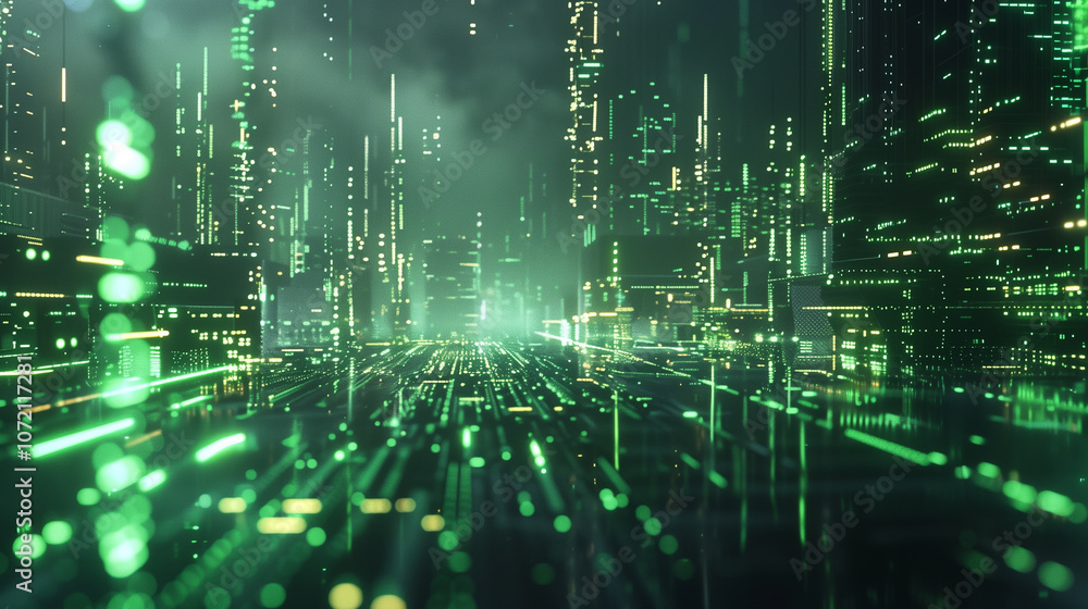 Poster matrix-inspired digital landscape with green binary code streams, floating data panels, and glowing 