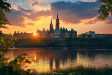 Naklejka premium Parliament architecture against the sunset sky, symbol of stability