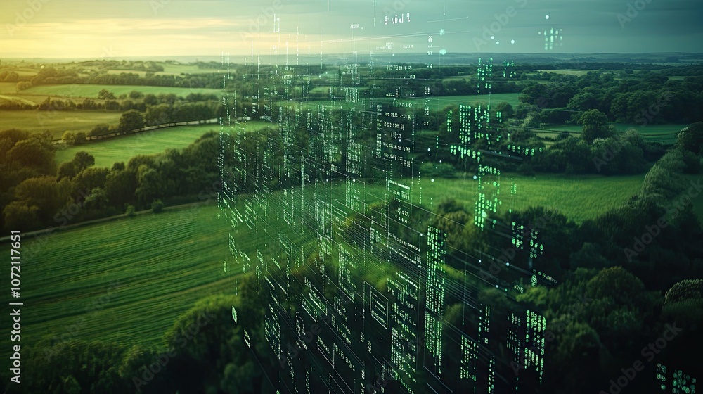 Poster aerial view of a lush green field with a digital overlay of binary code and data, representing the i