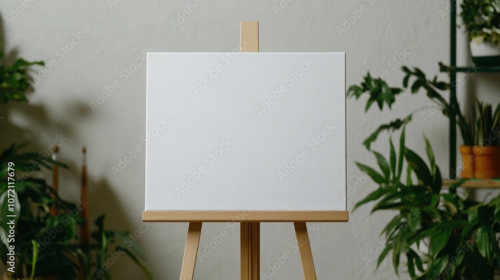 Poster a blank canvas on an easel, surrounded by greenery, suggesting potential for creative artistic expre