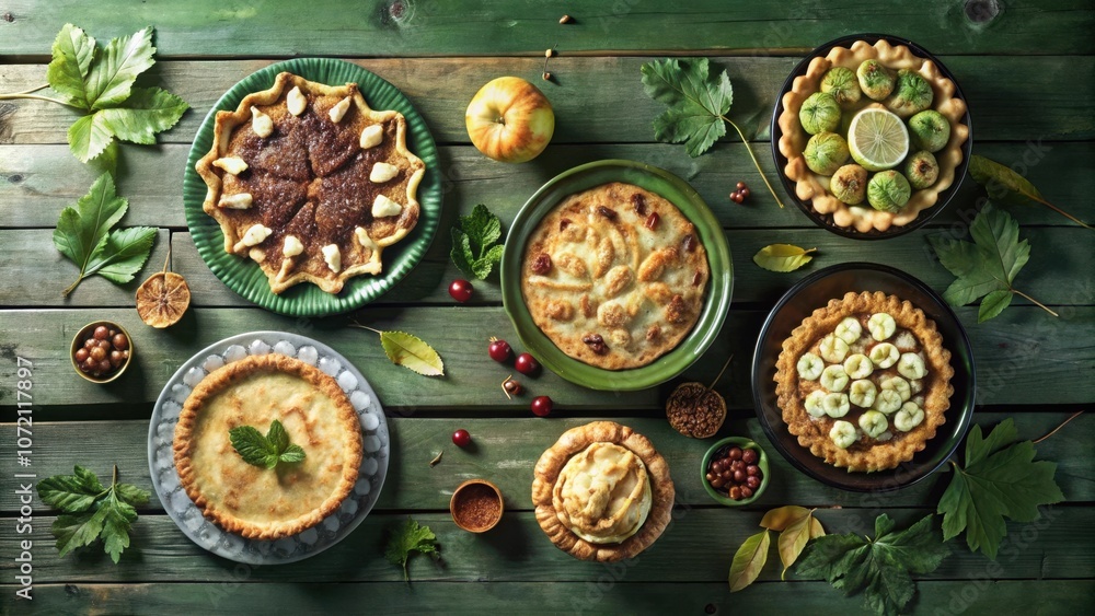 Poster a rustic wooden table is adorned with an assortment of homemade pies, each with unique fillings and 