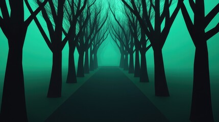 Obraz premium A digital illustration of a surreal forest with slender dark trees along a misty path. Ethereal teal and green hues create a mystical atmosphere, inviting exploration.