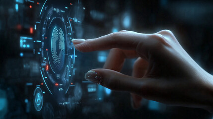 Hand interacting with a digital interface featuring a fingerprint graphic.