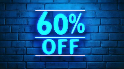 Obraz premium Blue Neon '60% OFF' Sign on a Brick Wall