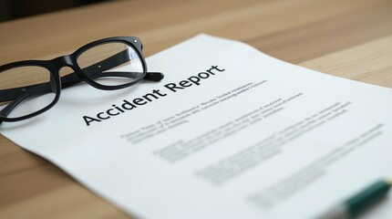 Accident report document with pen and eyeglasses on wooden desk