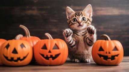 A playful tabby kitten poses before a rustic wooden backdrop, surrounded by four colorful Halloween pumpkins with carved faces, embodying the spirit of Halloween and delighting pet lovers.