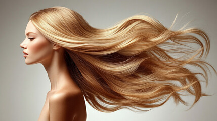 Fototapeta premium Close-up of blonde hair strands with warm, golden tones. This detailed texture captures the light and movement, symbolizing beauty, vitality, and the elegance of natural hair in a soft and radiant way