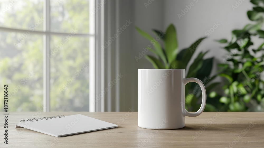 Poster a cozy workspace featuring a white mug and a notepad on a wooden table, with a view of lush greenery