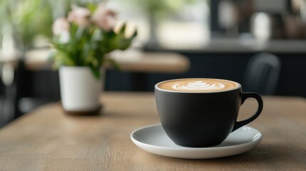 Fototapeta premium A cozy scene featuring a black cup of latte art on a saucer, set on a wooden table beside a small vase of flowers.