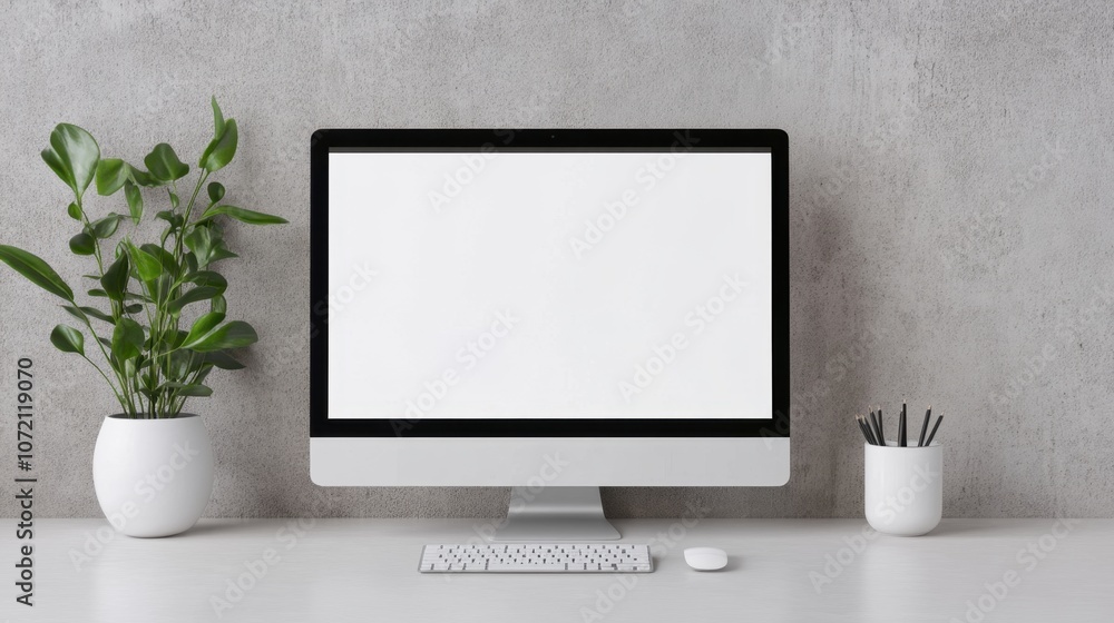 Poster a modern workspace featuring a sleek desktop computer with a blank screen, greenery in pots, and a m