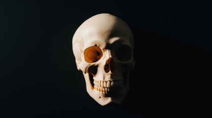 A striking close-up of a human skull against a dark background, showcasing intricate contours and textures. Soft lighting enhances its features, evoking themes of mortality and time.