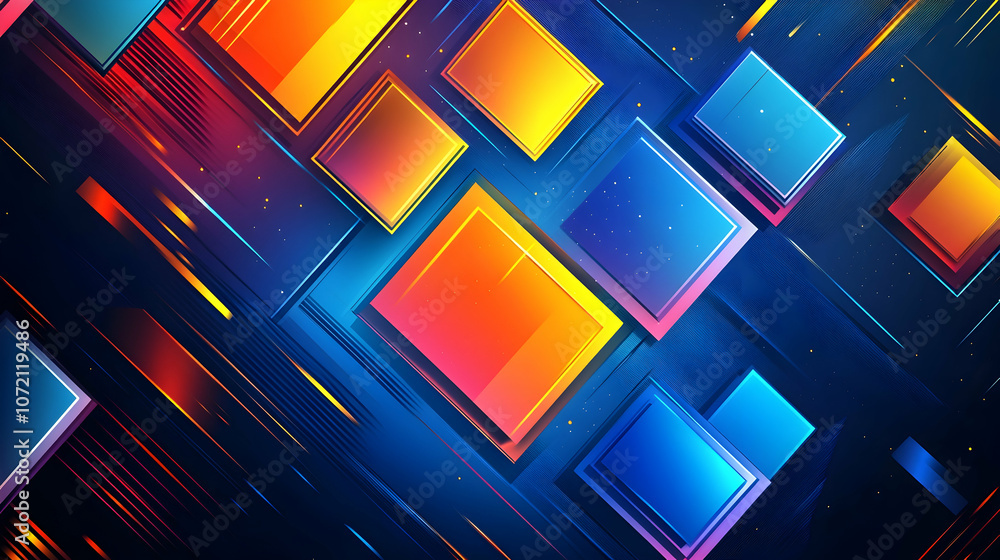 Aufkleber abstract background with bright colorful squares and diagonal lines on a dark blue background.