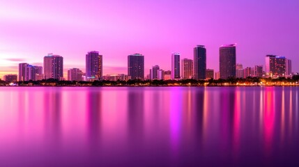 Obraz premium A stunning skyline of a modern city at twilight, with vibrant purple and pink high-rises mirrored in the tranquil waterfront, embodies urban living and nightlife.