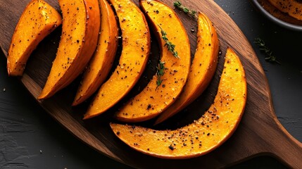 A stunning platter of roasted pumpkin slices, arranged in a fan shape on a dark wooden board, accented with fresh thyme. A perfect autumn-inspired dish for culinary showcases.
