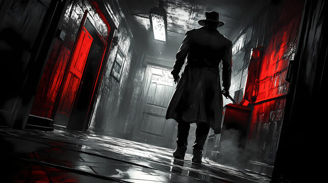 Editorial photography of a hitman character in a noir setting. Noir. Illustration