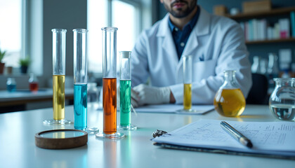 Fototapeta premium A scientist conducts experiments with vibrant liquids in glass tubes during a daytime session in a well-equipped laboratory