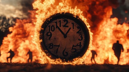 A surreal clock surrounded by roaring flames symbolizes the relentless passage of time. Shadowy figures emerge from the fire, enhancing themes of chaos, destruction, and existential dread.