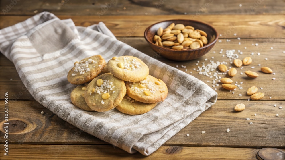 Poster a stack of homemade cookies with white sugar crystals and a scattering of almonds on a rustic wooden