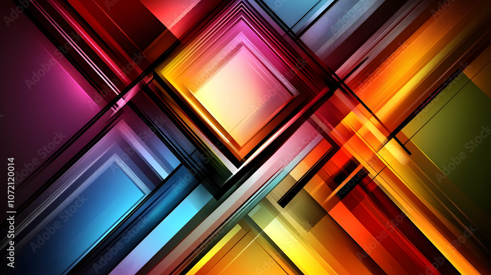 Poster abstract geometric pattern with colorful overlapping shapes and lines in a diamond form.