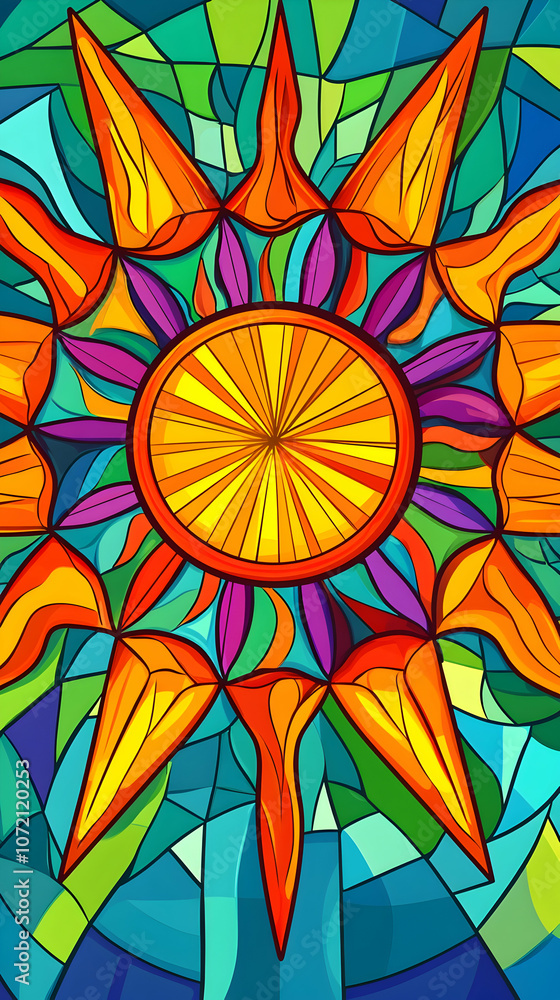 Poster abstract stained glass window design with a sun in the center and colorful rays.