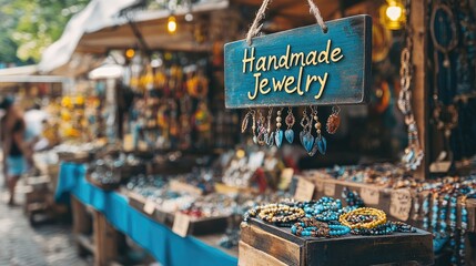 Fototapeta premium A stall at a market selling handmade jewelry with a sign that reads 