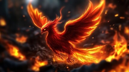 Fototapeta premium A vibrant illustration of a phoenix rising from a fiery landscape, showcasing brilliant red, orange, and gold hues, symbolizes rebirth, strength, and resilience in fantasy-themed projects.
