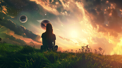 Obraz premium A Serene Figure Contemplating the Universe During a Breathtaking Sunset with Two Majestic Planets and Dramatic Clouds Above in a Peaceful Landscape