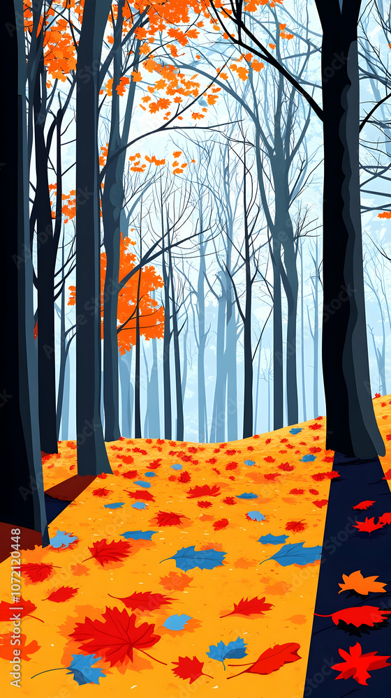 Poster autumn forest scene with fallen leaves on the ground, trees with bare branches and a misty backgroun