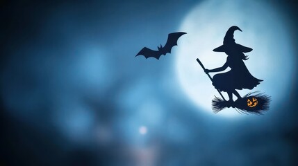 A whimsical witch silhouette flies on a broomstick, featuring a pointed hat and flowing robe, against a hazy blue backdrop. scene evokes Halloween magic and mystery.