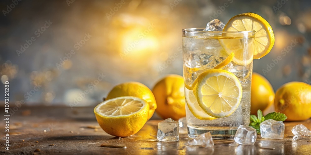 Poster a refreshing glass of lemonade with lemon slices and ice cubes on a rustic wooden table