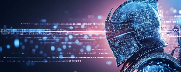 Digital knight in armor with glowing circuit board helmet against abstract binary code background.