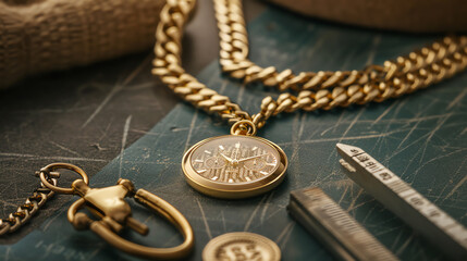Luxurious gold necklace displayed with measuring tools, symbolizing precise fortune