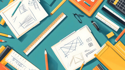 Flat lay of design elements with pencils, rulers, and notebooks on a blue background.