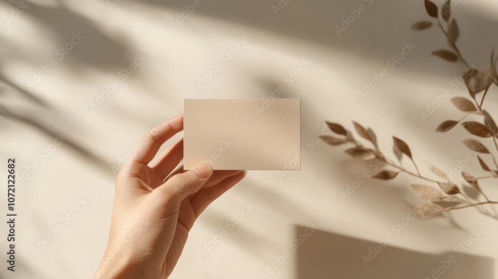 Poster a hand holds a textured card against a softly lit background with gentle shadows and a few leaves cr