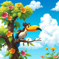 Fototapeta premium A whimsical, cartoon-style bird perched on a branch of a lush green tree, surrounded by vibrant flowers and a bright blue sky with puffy white clouds, 