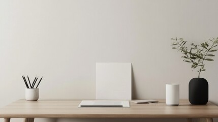 A minimalistic workspace featuring a wooden desk with stationery, a notebook, a plant, and decorative vases against a neutral wall backdrop.