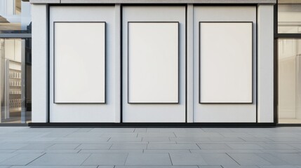 A modern storefront features three blank advertising panels, presenting a minimalist design and ample space for promotional content.