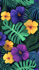 Fototapeta premium Seamless pattern with purple and yellow hibiscus flowers and tropical leaves.