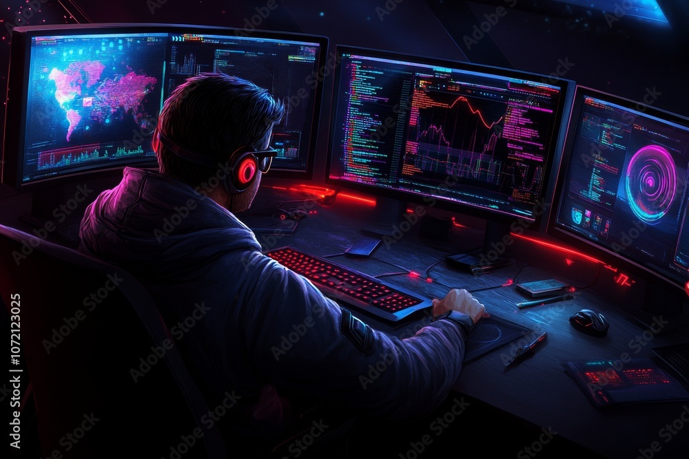 Poster a cyberpunk data hub with neon-colored charts, holograms, and a data analyst surrounded by futuristi