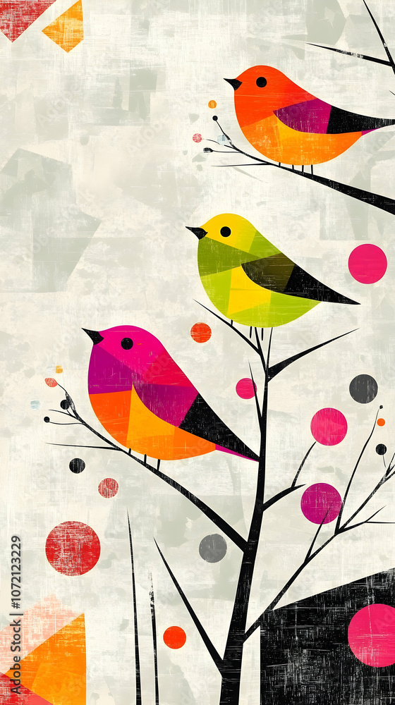 Poster three colorful geometric birds perched on a branch with abstract shapes in the background.