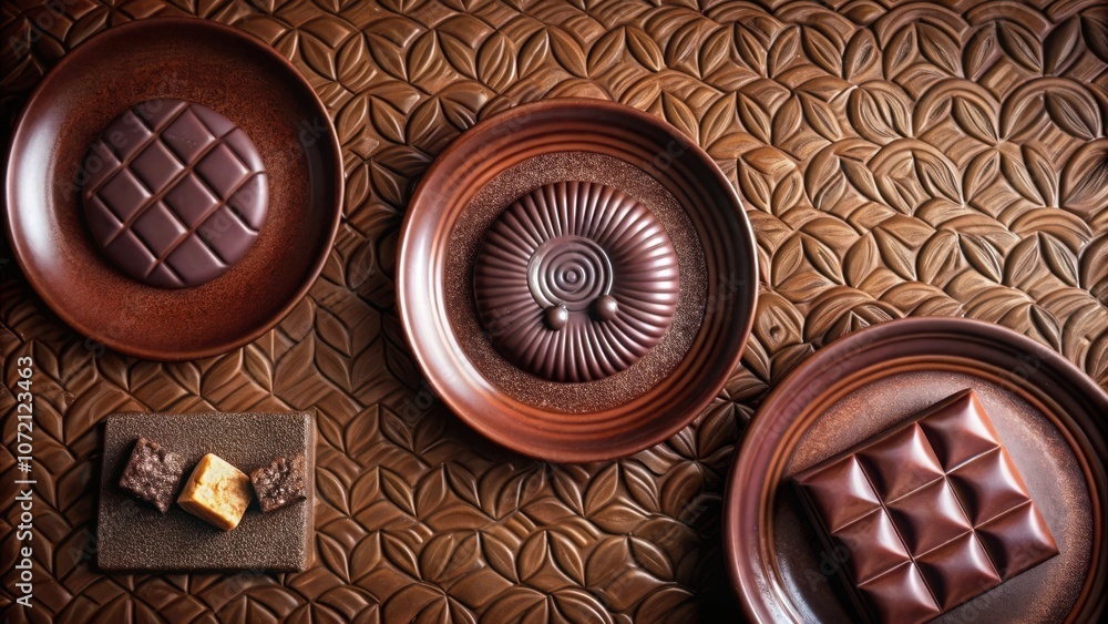 Aufkleber a curated collection of dark chocolate squares, discs, and pieces on textured brown plates with a re