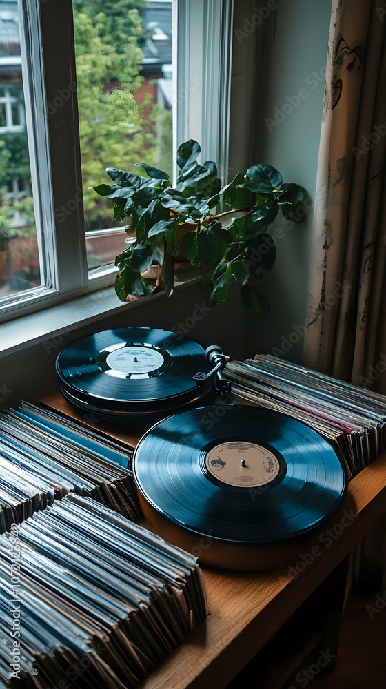 Poster vinyl records on a turntable with a stack of records in the background, next to a window with a plan