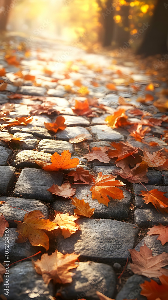 Poster a cobblestone path with fallen leaves in autumn.