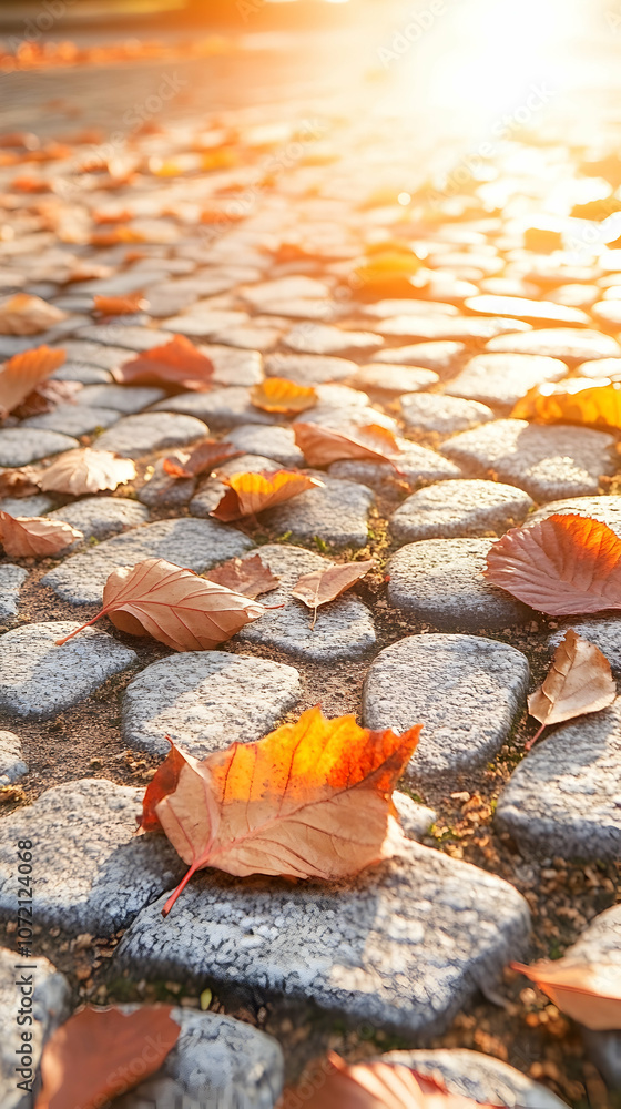 Poster a cobblestone path with autumn leaves scattered on it, bathed in the warm glow of the setting sun.
