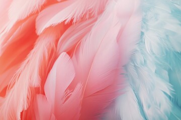 Fototapeta premium Colorful feathers in pink and blue hues, soft texture, vibrant background