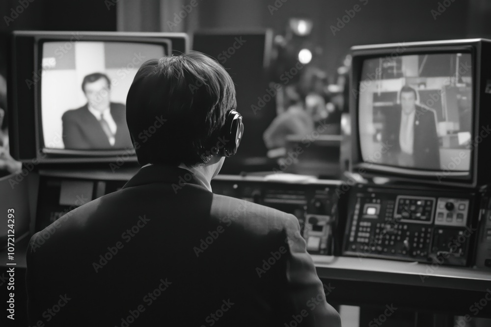 Poster broadcasting scene with operator monitoring multiple screens, vintage style