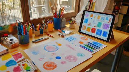 A desk with colorful pencils, papers, and a tablet, showcasing a creative workspace with design elements.