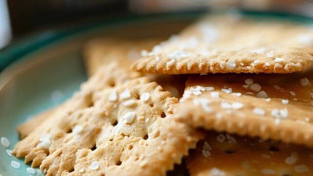 Delicious square crackers with coarse salt on a plate. Perfect for a salty snack craving. Crunchy and golden brown. Stacked neatly for a mouthwatering treat. Close up shows texture and salt crystals