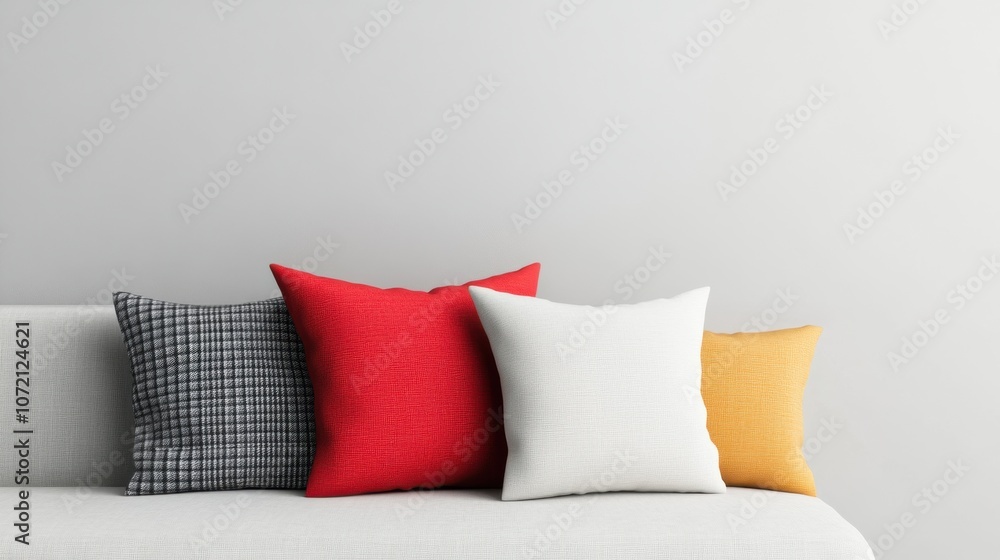 Aufkleber a cozy sofa adorned with four colorful pillows against a simple wall, adding a touch of warmth and s