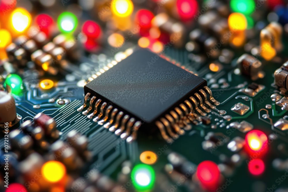 Poster microchip on circuit board with colorful led lights, intricate electronic components